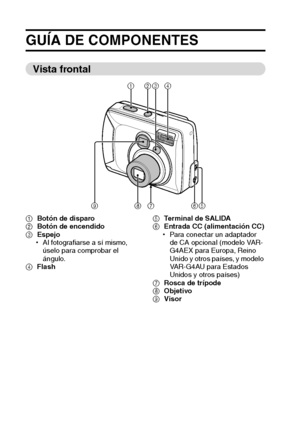 Page 2219Español
PREPARATIVOS
GUÍA DE COMPONENTES
Vista frontal
1Botón de disparo
2Botón de encendido
3Espejo
hAl fotografiarse a sí mismo, 
úselo para comprobar el 
ángulo.
4Flash5Terminal de SALIDA
6Entrada CC (alimentación CC)
hPara conectar un adaptador 
de CA opcional (modelo VAR-
G4AEX para Europa, Reino 
Unido y otros países, y modelo 
VAR-G4AU para Estados 
Unidos y otros países)
7Rosca de trípode
8Objetivo
9Visor
5 6 7 8 9
1234
Downloaded From camera-usermanual.com Sanyo Manuals 