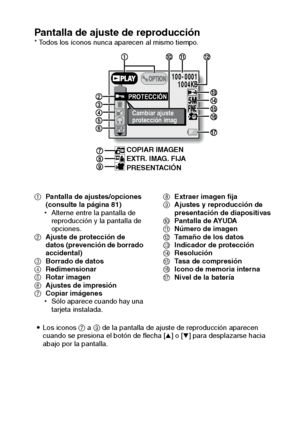 Page 65Español62
Pantalla de ajuste de reproducción* Todos los íconos nunca aparecen al mismo tiempo.
1Pantalla de ajustes/opciones 
(consulte la página 81)
hAlterne entre la pantalla de 
reproducción y la pantalla de 
opciones.
2Ajuste de protección de 
datos (prevención de borrado 
accidental)
3Borrado de datos
4Redimensionar
5Rotar imagen
6Ajustes de impresión
7Copiar imágenes
hSólo aparece cuando hay una 
tarjeta instalada.8Extraer imagen fija
9Ajustes y reproducción de 
presentación de diapositivas...