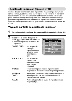 Page 77Español74
Ajustes de impresión (ajustes DPOF)
Además de usar su impresora para imprimir las imágenes fijas capturadas 
con su cámara, puede mandar a hacer copias en los servicios de impresión 
digital tal como lo haría con un carrete de fotos convencional. Por si fuera 
poco, esta cámara digital es compatible con DPOF, lo que quiere decir que 
puede usarla para especificar el número de copias, si quiere que la fecha 
aparezca sobreimpresa en la copia, y si desea que le impriman un índice de 
copias.
Vaya...