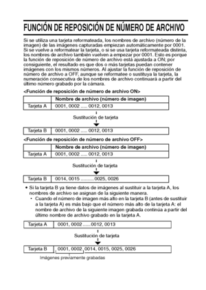 Page 97Español94
FUNCIÓN DE REPOSICIÓN DE NÚMERO DE ARCHIVO
Si se utiliza una tarjeta reformateada, los nombres de archivo (número de la 
imagen) de las imágenes capturadas empiezan automáticamente por 0001. 
Si se vuelve a reformatear la tarjeta, o si se usa tarjeta reformateada distinta, 
los nombres de archivo también vuelven a empezar por 0001. Esto es porque 
la función de reposición de número de archivo está ajustada a ON; por 
consiguiente, el resultado es que dos o más tarjetas puedan contener 
imágenes...