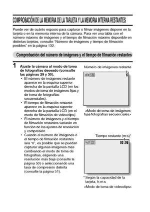 Page 10097Español
COMPROBACIÓN DE LA MEMORIA DE LA TARJETA Y LA MEMORIA INTERNA RESTANTES
Puede ver de cuánto espacio para capturar o filmar imágenes dispone en la 
tarjeta o en la memoria interna de la cámara. Para ver una tabla con el 
número máximo de imágenes y el tiempo de filmación máximo disponible en 
distintas tarjetas, consulte “Número de imágenes y tiempo de filmación 
posibles” en la página 132. 
Comprobación del número de imágenes y el tiempo de filmación restantes
1 Ajuste la cámara al modo de toma...