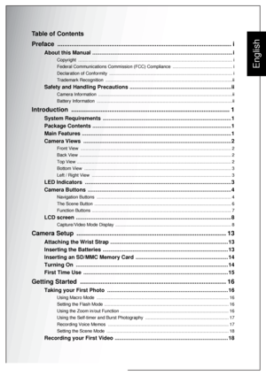 Page 11English
Table of Contents
Preface .................................................................................................... i
About this Manual .............................................................................................. i
Copyright ............................................................................................................................ i
Federal Communications Commission (FCC) Compliance  ................................................ i
Declaration of...