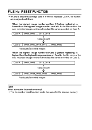 Page 141135English
FILE No. RESET FUNCTION
iIf Card B already has image data in it when it replaces Card A, file names 
are assigned as follows.
When the highest image number on Card B (before replacing) is 
lower than the highest image number on Card A: the file name of the 
next recorded image continues from last file name recorded on Card A.
When the highest image number on Card B (before replacing) is 
higher than the highest image number on Card A: the file name of the 
next recorded image continues from...