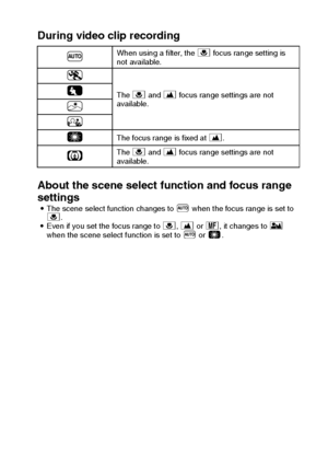 Page 174English168
During video clip recording
About the scene select function and focus range 
settings
iThe scene select function changes to . when the focus range is set to 
+.
iEven if you set the focus range to +, ) or -, it changes to * 
when the scene select function is set to . or 3.
.When using a filter, the + focus range setting is 
not available.
/
The + and ) focus range settings are not 
available.0
1
2
3
The focus range is fixed at ).
4The + and ) focus range settings are not 
available.
Downloaded...