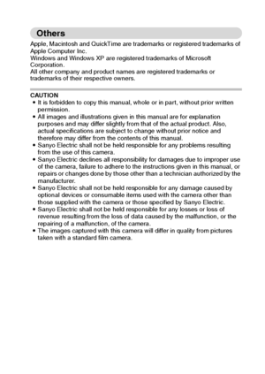 Page 184English178
Others
Apple, Macintosh and QuickTime are trademarks or registered trademarks of 
Apple Computer Inc.
Windows and Windows XP are registered trademarks of Microsoft 
Corporation.
All other company and product names are registered trademarks or 
trademarks of their respective owners.
CAUTION
iIt is forbidden to copy this manual, whole or in part, without prior written 
permission.
iAll images and illustrations given in this manual are for explanation 
purposes and may differ slightly from that...