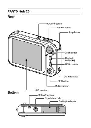 Page 2115English
PARTS NAMES
Rear
Bottom
DC IN terminalZoom switch
Playback 
button [H]
LCD monitorSET button
Tripod stand hole
Battery/card cover ON/OFF button
Strap holder
Multi-indicatorShutter button
USB/AV terminalMENU button
Downloaded From camera-usermanual.com Sanyo Manuals 