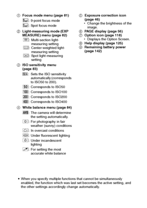 Page 66English60
1Focus mode menu (page 81)
2Light-measuring mode (EXP 
MEASURE) menu (page 82) 
3ISO sensitivity menu 
(page 83)
4White balance menu (page 84)5Exposure correction icon 
(page 46)
hChange the brightness of the 
image.
6PAGE display (page 56)
7Option icon (page 118)
hDisplays the Option Screen.
8Help display (page 125)
9Remaining battery power 
(page 142)
iWhen you specify multiple functions that cannot be simultaneously 
enabled, the function which was last set becomes the active setting, and...