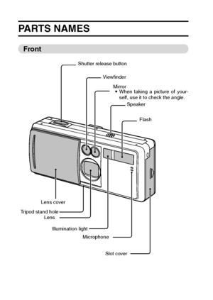 Page 3027English
PREPARATION
PARTS NAMES 
Front 
Shutter release button
Viewfinder
Mirror
iWhen taking a picture of your-
self, use it to check the angle.
Speaker
Flash
Lens cover
Tripod stand hole
Lens
Illumination light
Microphone
Slot cover
Downloaded From camera-usermanual.com Sanyo Manuals 