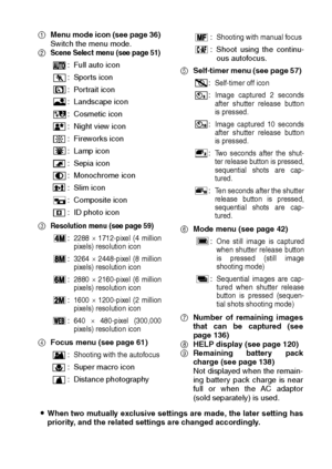 Page 51English48
1Menu mode icon (see page 36)
Switch the menu mode.
2
Scene Select menu (see page 51)
3Resolution menu (see page 59) 
4Focus menu (see page 61) 5Self-timer menu (see page 57) 
6Mode menu (see page 42)
7Number of remaining images
that can be captured (see
page 136)
8HELP display (see page 120)
9Remaining battery pack
charge (see page 138)
Not displayed when the remain-
ing battery pack charge is near
full or when the AC adaptor
(sold separately) is used.
iWhen two mutually exclusive settings are...