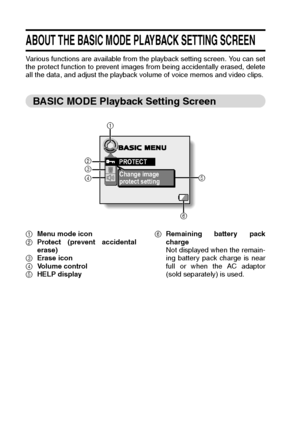 Page 7673English
ABOUT THE BASIC MODE PLAYBACK SETTING SCREEN 
Various functions are available from the playback setting screen. You can set
the protect function to prevent images from being accidentally erased, delete
all the data, and adjust the playback volume of voice memos and video clips. 
BASIC MODE Playback Setting Screen 
1Menu mode icon
2Protect (prevent accidental
erase)
3Erase icon
4Volume control
5HELP display6Remaining battery pack
charge
Not displayed when the remain-
ing battery pack charge is...