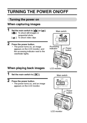 Page 2623English
TURNING THE POWER ON/OFF 
Turning the power on 
When capturing images 
1 Set the main switch to [ ] or [ ].
[ ]: To shoot still images or 
sequential shots
[ ]: To shoot video clips
2 Press the power button.
hThe power turns on, an image 
appears on the LCD monitor, and 
the accessing indicator next to the 
viewfinder lights.
When playing back images
1 Set the main switch to [ ].
2 Press the power button.
hThe power turns on, and an image 
appears on the LCD monitor.
PC
Main switch
Accessing...
