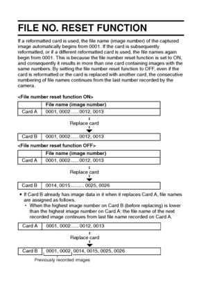 Page 9895English
FILE NO. RESET FUNCTION
If a reformatted card is used, the file name (image number) of the captured 
image automatically begins from 0001. If the card is subsequently 
reformatted, or if a different reformatted card is used, the file names again 
begin from 0001. This is because the file number reset function is set to ON, 
and consequently it results in more than one card containing images with the 
same numbers. By setting the file number reset function to OFF, even if the 
card is...