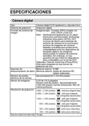 Page 131Español128
ESPECIFICACIONES
Cámara digital
Tipo Cámara digital CCD (grabación y reproducción)
Sistema de grabación Grabación digital
Formato de archivos de 
imagenImágenes fijas: Formato JPEG (cumple con 
DCF, DPOF y Exif 2.2)
Nota: Diseñada principalmente por la Japan 
Electronics and Information Technology 
Industries Association (JEITA), DCF 
(normas de diseño para sistemas de 
archivos de cámara) es la norma para 
archivos de imágenes de cámaras 
digitales concebida para proporcionar 
compatibilidad...