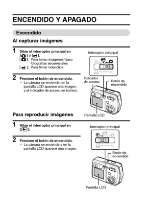 Page 2623Español
ENCENDIDO Y APAGADO
Encendido 
Al capturar imágenes
1 Sitúe el interruptor principal en 
[] o [].
[ ]: Para tomar imágenes fijaso 
fotografías secuenciales
[ ]: Para filmar videoclips
2 Presione el botón de encendido.
hLa cámara se enciende, en la 
pantalla LCD aparece una imagen, 
y el indicador de acceso se ilumina.
Para reproducir imágenes
1 Sitúe el interruptor principal en 
[].
2 Presione el botón de encendido.
hLa cámara se enciende y en la 
pantalla LCD aparece una imagen.
PC
Interruptor...