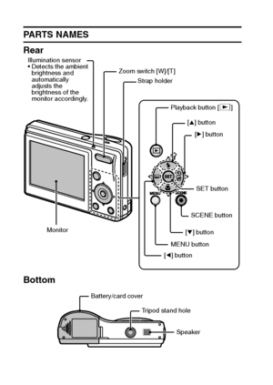 Page 1913English
PARTS NAMES
Rear
Bottom
MENU button Zoom switch [W]/[T]
MonitorSET button
Speaker Tripod stand holePlayback button [=]
Battery/card cover[n] button
[o] button
[l] button[m] button Strap holder Illumination sensor
 Detects the ambient 
brightness and 
automatically 
adjusts the 
brightness of the 
monitor accordingly.
SCENE button
Downloaded From camera-usermanual.com Sanyo Manuals 