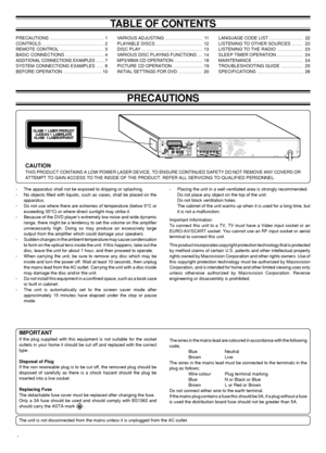 Page 21
PRECAUTIONS
CAUTION
THIS PRODUCT CONTAINS A LOW POWER LASER DEVICE, TO ENSURE CONTINUED SAFETY DO NOT REMOVE ANY COVERS OR
ATTEMPT TO GAIN ACCESS TO THE INSIDE OF THE PRODUCT. REFER ALL SERVICING TO QUALIFIED PERSONNEL.
- The apparatus shall not be exposed to dripping or splashing.
- No objects filled with liquids, such as vases, shall be placed on the
apparatus.
- Do not use where there are extremes of temperature (below 5°C or
exceeding 35°C) or where direct sunlight may strike it.
- Because of the...