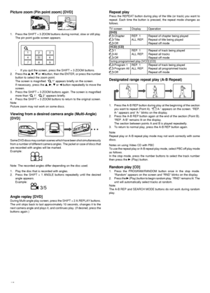 Page 1615 Picture zoom (Pin point zoom) [DVD]
1. Press the SHIFT + 3 ZOOM buttons during normal, slow or still play.
The pin point guide screen appears.
- If you quit the screen, press the SHIFT + 3 ZOOM buttons.
2. Press the 4, a, 5 or b button, then the ENTER, or press the number
button to select the zoom point.
The screen is magnified. Ò
 1Ó appears briefly on the screen.
If necessary, press the 4, a, 5 or b button repeatedly to move the
screen.
3. Press the SHIFT + 3 ZOOM buttons again. The screen is...