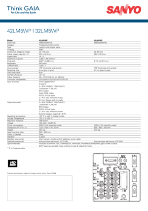 Page 242L\f5WP|32L\f5WP
Te chni calspecif ications subject to change without notice.Date04/2008
ModelEANCo deCate goryTypeIPrat ingScr ee nsize (diagon alimag e)Acti ve scre enarea (Wx\b)Aspe ctratioReso lution in pixe lsPixel pitchBrig ht nessCon trast ratioView ing an gleResp onse timeGr ey scale valueNumberofcol oursColou rSystemsCom putercom patibi lit y
Inp uttermin als
Outputte rmi nals
Ope rat ing temperatu reSt orage Temp eratur e\faximumresil ienceVoltag ePower con sumptionDimen sions(W x\b xD)Wei...