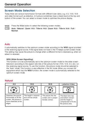 Page 9Auto
It automatically switches to the optimum screen mode according to the WSSsignal provided
in the receiving signal source. If the signal does not have it, the TV keeps current screen mode.
This setting may cause the picture to change when a different format is received e.g. when an
advert is received.
WSS (Wide-Screen-Signalling)
This function is to be automatically set to the optimum screen mode for the wide screen 
television according to the aspect ratio bits of the picture format (16:9, 14:9, 4:3,...