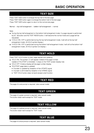 Page 2323
TEXT SIZE
Press TEXT SIZE button to enlarge the top half of the text page.
Press TEXT SIZE button again to enlarge the bottom half of the text page.
Press TEXT SIZE button again to return to the normal size page.
O
Note:
vDuring the top half enlargement or the bottom half enlargement mode, if a page request is performed   
by [0] - [9] button and the TEXT INDEX button, it will become the normal mode and a page will be 
requested.
vIf HOLD ON / OFF is performed during the top half enlargement mode,...