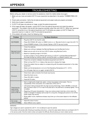 Page 3838
APPENDIX
TROUBLESHEETING
Before calling your dealer or service center for assistance, check the matters below once again. 
1.  Make sure you have connected LCD TV to your equipment as described in the section “CONNECTING LCD 
TV”.
2.  Check cable connection. Verify that all external equipment and power cords are properly connected. 
3.  Verify that all power is switched on. 
4.  If LCD TV still does not produce an image, re-start the external equipment. 
5.  If the image still does not appear, unplug...