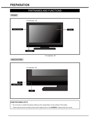 Page 66
PREPARATION
PARTNAMES AND  FUNCTIONS
FRONT
INDICATORS
CARE FOR USING LCD TV
Do not bump or scratch the panel surface as this causes flaws on the surface of the screen.
There may be some tiny black points and/or blight points on the SCREEN. These points are normal. •
•
Panel
Indicator
Side Controls
IRLight Sensor
LED
For exsample : 26” For exsample : 26”
For exsample : 26”
 