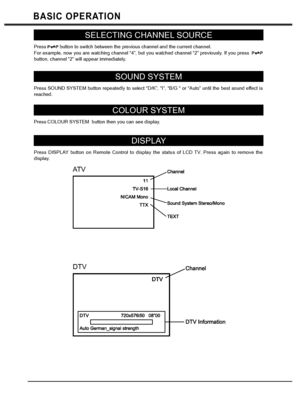 Page 1616
BASIC OPERATION
SELECTING CHANNEL SOURCE
Press button to switch between the previous channel and the current channel. 
For example, now you are watching channel “4”, but you watched channel “2” previously. If you press     
button, channel “2” will appear immediately. 
SOUND SYSTEM
Press SOUND SYSTEM button repeatedly to select “D/K”, “I”, “B/G “ or “Auto” until the best sound effect is 
reached.
COLOUR SYSTEM
Press COLOUR SYSTEM  button then you can see display.
DISPLAY
Press DISPLAY button on Remote...