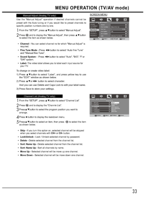 Page 3333
Manual Adjust (Analog TV only)
Use the “Manual Adjust” operation if desired channels cannot be 
preset with the Auto tuning or if you would like to preset channels to 
specific position numbers one by one. 
$GMXVW