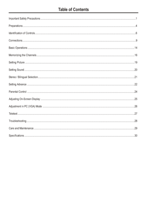 Page 3Table of ContentsImportant Safety Precautions.............................................................................................................................................1
Preparations.......................................................................................................................................................................4
Identification of...