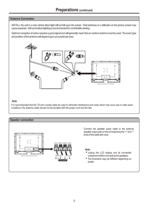 Page 8Speaker connectionNote: 
4Unplug the LCD display and all connected 
component before connecting the speakers.
4The illustration may be different depending on  
model.Connect the speaker audio cable to the external 
speaker output jack on the unit matching the + and - 
ends of the cable with color.INSTALL the unit in a room where direct light will not fall upon the screen. Total darkness or a reflection on the picture screen may 
cause eyestrain. Soft and indirect lighting is recommended for comfortable...