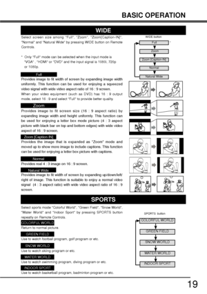 Page 1919
BASIC OPERATION
COLORFUL WORLD
GREEN FIELD
SNOW WORLD
WATER WORLD
INDOOR SPORT
Select sports mode Colorful World, Green Field, Snow World, 
Water World and Indoor Sport by pressing SPORTS button 
repeatly on Remote Controls.
COLORFUL WORLD
Return to normal picture.
Use to watch football program, golf program or etc.
Use to watch skiing program or etc.
Use to watch swimming program, diving program or etc.
Use to watch basketball program, badminton program or etc.
WIDE
Select screen size among Full,...