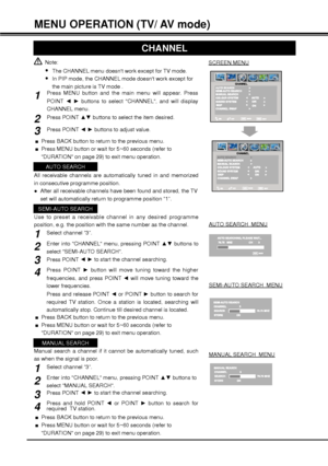 Page 2424
MENU OPERATION (TV/ AV mode)
All receivable channels are automatically tuned in and memorized 
in consecutive programme position.
