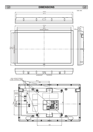 Page 18
18

DIMENSIONS
1002.8
971.5
1010.3940932.3
603.3533525.3
1005523.5397.2330
400
400
545
125.6
51.6
VIEWING AREA(H)
VIEWING AREA(V)
Controlbuttons
(WALL MOUNT SCREW)4 x M6, 1.0 PITCH x 12MM
RC RECEIVERLED INDICATOR
Unit: mm
1002.8
971.5
1010.3
940
932.3
603.3533525.3
1005523.5397.2330
400
400
545
125.6
51.6
VIEWING AREA(H)
VIEWING AREA(V)
Controlbuttons
(WALL MOUNT SCREW)4 x M6, 1.0 PITCH x 12MM
RC RECEIVERLED INDICATOR
GBGB
 