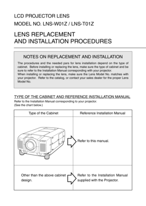 Page 5LCD PROJECTOR LENS
MODEL NO. LNS-W01Z / LNS-T01Z
LENS REPLACEMENT 
AND INSTALLATION PROCEDURES
NOTES ON REPLACEMENT AND INSTALLATION
The procedures and the needed pars for lens installation depend on the type of
cabinet.  Before installing or replacing the lens, make sure the type of cabinet and be
sure to refer to the Installation Manual corresponding with your projector.
When installing or replacing the lens, make sure the Lens Model No. matches with
your projector.  Refer to the catalog, or contact...