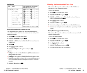 Page 67Viewing the Downloaded Data Size 
This feature allows you to confirm each downloaded data size
and the rest of the download capacity.
To view the data size:
1.Press  to access the main menu.
2.Highlight Downloadsand press  .
3.Highlight each folder that includes the downloaded data you
want to confirm and press  .
4.Press  (right softkey).
5.Highlight Icon/Sizeand press  .
6.Data size is displayed at the left of the downloaded data name.
To return the display to the icon indication, repeat steps 4 and
5...