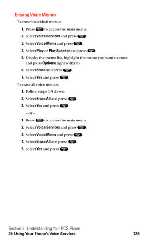 Page 141Erasing Voice Memos
To erase individual memos:
1.Press  to access the main menu.
2.Select Voice Servicesand press  .
3.Select Voice Memoand press  .
4.Select Playor Play:Speakerand press  .
5.Display the memo list, highlight the memo you want to erase,
and press Options(right softkey).
6.Select Eraseand press  .
7.Select Ye sand press  .
To erase all voice memos:
1.Follow steps 1-5 above.
2.Select Erase Alland press  .
3.Select Ye sand press  .
– or –
1.Press  to access the main menu.
2.Select Voice...