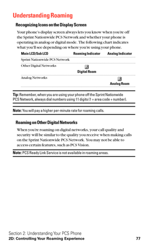 Page 89Understanding Roaming
Recognizing Icons on the Display Screen
Your phone’s display screen always lets you know when you’re off
the Sprint Nationwide PCS Network and whether your phone is
operating in analog or digital mode. The following chart indicates
what you’ll see depending on where you’re using your phone.
Main LCD/Sub LCD Roaming Indicator Analog Indicator
Sprint Nationwide PCS Network
Other Digital Networks
Digital Roam
Analog Networks
Analog Roam
Tip:Remember, when you are using your phone off...