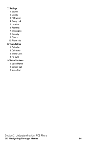 Page 967. Settings
1. Sounds
2. Display
3. PCS Vision
4. Ready Link
5. Location
6. Roaming
7. Messaging 
8. Security
9. Others
10. Phone Info
8. Tools/Extras
1. Calendar
2. Calculator
3. World Clock
4. PC Sync
9. Voice Services
1. Voice Memo
2. Screen Call
3. Voice Dial
Section 2: Understanding Your PCS Phone
2E: Navigating Through Menus 84 