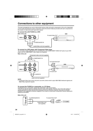 Page 3434
Y
P
bPr
The exact arrangement you use to interconnect various video and audio components to this unit is dependent 
on the model and features of each component. Check the Owner’s Manual provided with each component for 
the location of video and audio inputs and outputs.
To connect the LCD TV/DVD to a VCR
Connections to other equipment
To connect to a DVD player with Component Video InputYou can enjoy a high quality picture by connecting the unit’s COMPONENT VIDEO OUT jacks of your DVD 
player with...