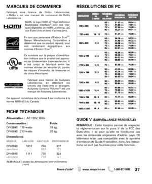 Page 3737Besoin d’aide? www.sanyoctv.com              1-800-877-5032
MARQUES DE COMMERCE RÉSOLUTIONS DE PC
FICHE TECHNIQUE
Alimentation :  AC 120V, 60Hz
Consommation : Poids:
DP42840   178 watts 18 kg.
DP46840   213 watts 20 kg.
Dimensiones:
MODÉLE LARGEUR HAUTEUR PROFONDEUR
DP42840 1012 704 307
sans base653 121
DP46840 1111 779 324
sans base714 121
REMARQUE : toutes les dimensions sont millimètres
(mm).
GUIDE V (SURVEILLANCE PARENTALE)
REMARQUE :Cette fonction permet de respecter
la réglementation sur la puce...