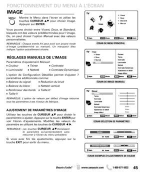 Page 4545Besoin d’aide? www.sanyoctv.com              1-800-877-5032
IMAGE _____________________ FONCTIONNEMENT DU MENU À LÉCRAN
Montre le Menu dans l’écran et utilise les
touches CURSEURpour choisir Image.
Appuyer sur ENTER.
ÉCRAN DE MENU PRINCIPAL
Vous pouvez choisir entre Vivant, Doux,et Standard,
lesquels ont des valeurs prédéterminées pour l'image.
Ou, on peut choisir l’option Manuelavec des valeurs
personnalisées.
REMARQUE : Chaque entrée AV peut avoir son propre mode
d'image (prédéterminé ou...