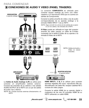 Page 3333¿Necesita ayuda? www.sanyoctv.com              1-877-864-9604
La conexión COMPUESTAes utilizada para
conectar equipo análogo tal como una video-
casetera o un reproductor DVD que no cuente con
salidas de Componente.
Conecte la salida amarilla de video y las de audio
correspondientes de su aparato análogo a la
entrada VIDEO INPUT 1 de su HDTV.
NOTA: Haga coincidir los colores de las salidas de su apara-
to con los cables y las entradas de la HDTV.
S-Videopuede ser utilizada en lugar del conector...