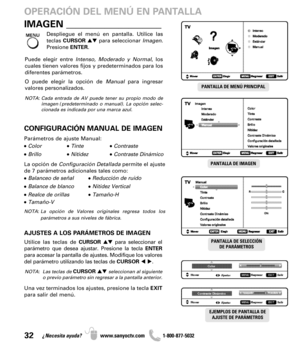 Page 3232¿Necesita ayuda? www.sanyoctv.com              1-800-877-5032
Despliegue el menú en pantalla. Utilice las
teclas CURSORpara seleccionar Imagen.
Presione ENTER.
PANTALLA DE MENÚ PRINCIPAL
Puede elegir entre Intenso, Moderado y Normal, los
cuales tienen valores fijos y predeterminados para los
diferentes parámetros. 
O puede elegir la opción de Manualpara ingresar
valores personalizados.
NOTA: Cada entrada de AV puede tener su propio modo de
imagen (predeterminado o manual). La opción selec-
cionada es...