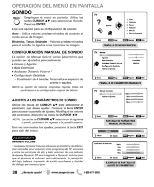 Page 3838¿Necesita ayuda? www.sanyoctv.com              1-800-877-5032
Despliegue el menú en pantalla. Utilice las
teclas CURSORpara seleccionar Sonido.
Presione ENTER.
Elija una opción para su configuración de sonido:
Auto– Utiliza valores predeterminados de acuerdo al
modo actual de Imagen.
Dinámico, Tenue, Estándar– Valores predeterminados
para el sonido no ligados a las opciones de imagen.
CONFIGURACIÓN MANUAL DE SONIDO
La opción de Manualincluye varios parámetros que
pueden ser ajustados personalmente:
•...