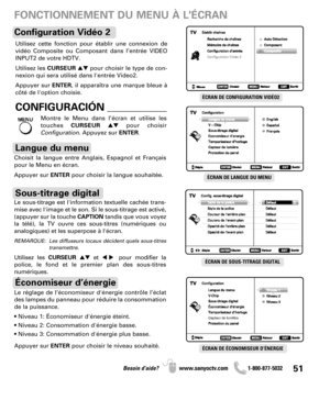 Page 5151Besoin d’aide? www.sanyoctv.com              1-800-877-5032
FONCTIONNEMENT DU MENU À LÉCRAN
ÉCRAN DE CONFIGURATION VIDÉO2
ÉCRAN DE ÉCONOMISEUR D’ÉNERGIE
ÉCRAN DE LANGUE DU MENU
ÉCRAN DE SOUS-TITRAGE DIGITAL
Choisit la langue entre Anglais, Espagnol et Français
pour le Menu en écran. 
Appuyer sur ENTERpour choisir la langue souhaitée.
Langue du menu
Sous-titrage digital
Le réglage de l’économiseur d'énergie contrôle l’éclat
des lampes du panneau pour réduire la consommation
de la puissance.
• Niveau...
