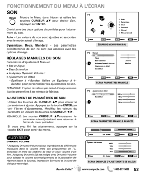 Page 5353Besoin d’aide? www.sanyoctv.com              1-800-877-5032
SON
Montre le Menu dans l’écran et utilise les
touches CURSEUR pour choisir Son.
Appuyer sur ENTER.
ÉCRAN DE MENU PRINCIPAL
ÉCRAN PARAMÈTRES MANUELS
ÉCRAN PARAMÈTRES MANUELS AVANCÉS
ÉCRAN EXEMPLES D'AJUSTEMENTS DE VALEUR
FONCTIONNEMENT DU MENU À LÉCRAN
RÉGLAGES MANUELS DU SON
Choisit une des deux options disponibles pour l'ajuste-
ment du son.
Auto– Les valeurs de son sont ajustées et associées
avec le mode actuel d'Image....