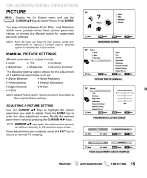 Page 1515Need help? www.sanyoctv.com              1-800-877-5032
PICTURE ____________________ ON-SCREEN MENU OPERATION
You may choose between Vivid, Mild, , and Standard,
which have predetermined fixed picture parameter
values, or choose the Manualoption for customized
personal settings.
NOTE: Each AV input can have its own picture mode (pre-
determined or manual.) Current input’s selected
option is indicated by a blue marker.
Manualparameters to adjust include:
• Color• Tint• Contrast
• Brightness• Sharpness•...
