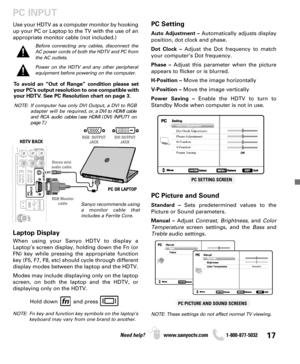 Page 1717Need help? www.sanyoctv.com              1-800-877-5032
PC INPUT
PC Setting
Auto Adjustment –Automatically adjusts display
position, dot clock and phase.
Dot Clock –Adjust the Dot frequency to match
your computer’s Dot frequency.
Phase –Adjust this parameter when the picture
appears to flicker or is blurred.
H-Position –Move the image horizontally
V-Position –Move the image vertically
Power Saving –Enable the HDTV to turn to
Standby Mode when computer is not in use.
PC Picture and Sound
Standard –Sets...