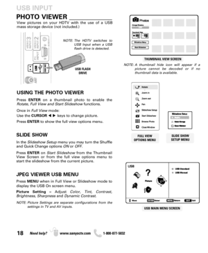 Page 1818Need help? www.sanyoctv.com              1-800-877-5032
PHOTO VIEWER _____________
USING THE PHOTO VIEWER
Press ENTERon a thumbnail photo to enable the
Rotate, Full View and Start Slideshowfunctions.
Once in Full Viewmode:
Use the CURSORkeys to change picture.
Press ENTERto show the full view options menu.
SLIDE SHOW
In the Slideshow Setupmenu you may turn the Shuffle
and Quick Change options ONor OFF.
Press ENTERon Start Slideshow from the Thumbnail
View Screen or from the full view options menu to...