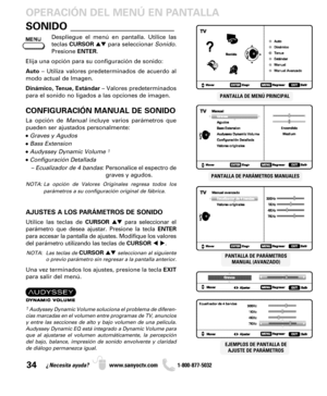 Page 3434¿Necesita ayuda? www.sanyoctv.com              1-800-877-5032
Despliegue el menú en pantalla. Utilice las
teclas CURSORpara seleccionar Sonido.
Presione ENTER.
Elija una opción para su configuración de sonido:
Auto– Utiliza valores predeterminados de acuerdo al
modo actual de Imagen.
Dinámico, Tenue, Estándar– Valores predeterminados
para el sonido no ligados a las opciones de imagen.
CONFIGURACIÓN MANUAL DE SONIDO
La opción de Manualincluye varios parámetros que
pueden ser ajustados personalmente:
•...